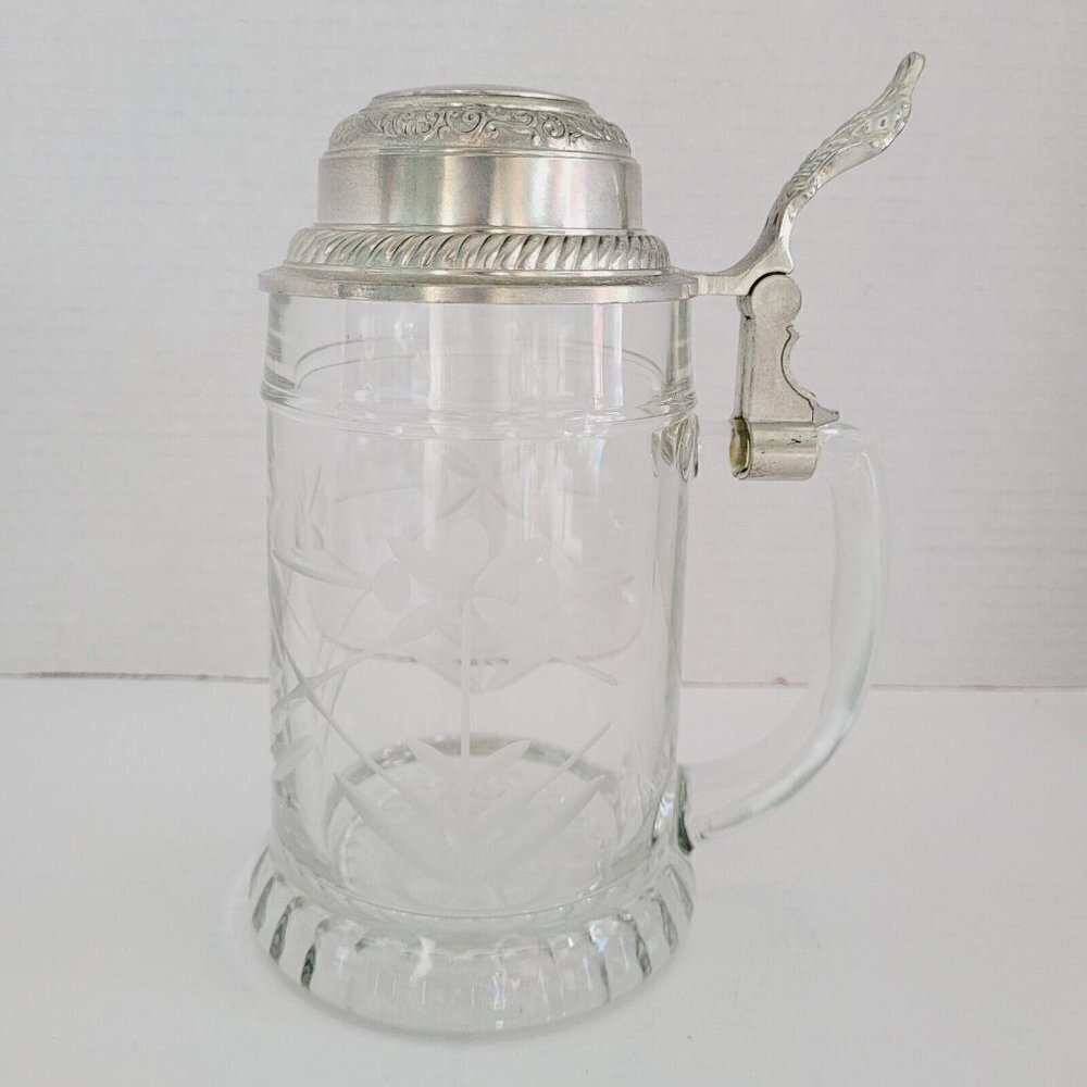 Vintage BFM-N West Germany Etched Crystal Clear Glass Beer Stein Pewter Lid